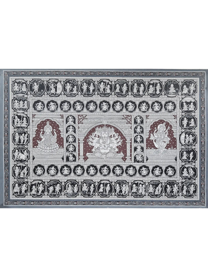 Lord Ganesha with Goddess Lakshmi and Saraswati Pattachitra Painting on Canvas · view 1