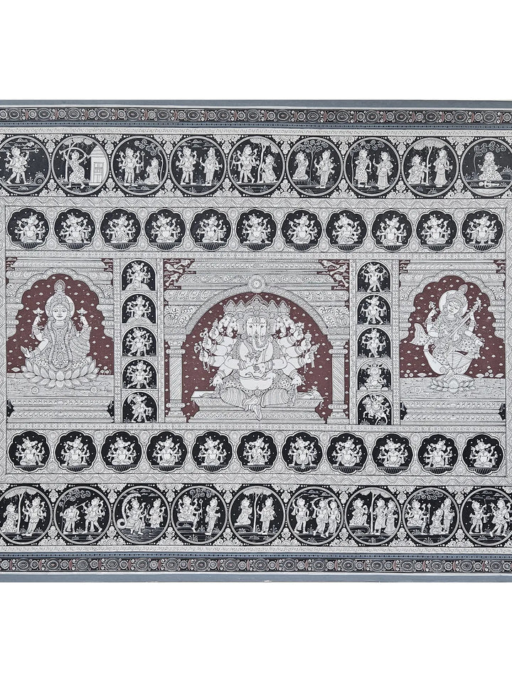 Lord Ganesha with Goddess Lakshmi and Saraswati Pattachitra Painting on Canvas · view 2