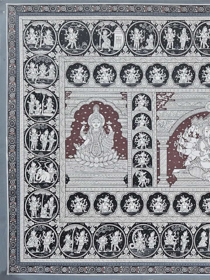 Lord Ganesha with Goddess Lakshmi and Saraswati Pattachitra Painting on Canvas · view 3