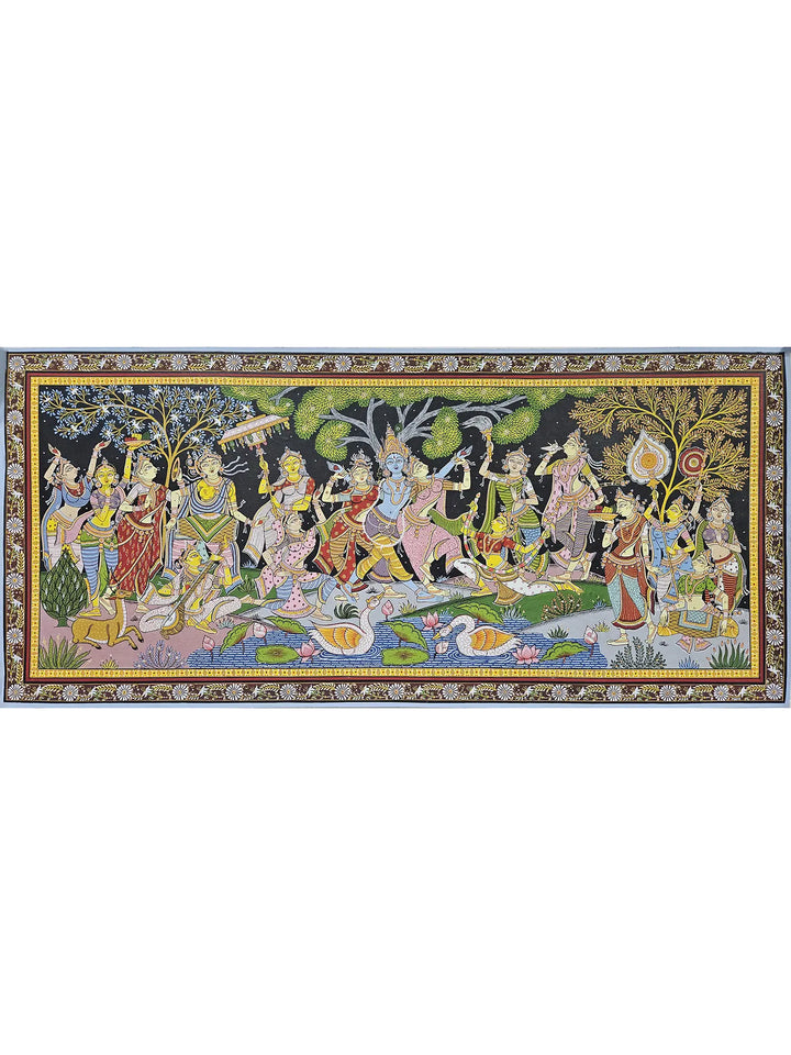 Radha and Krishna with Gopis in Vrindavan Pattachitra Painting on Canvas · view 1