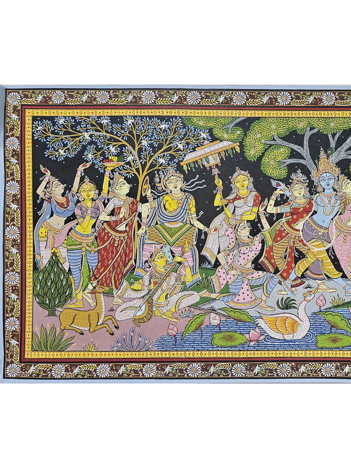 Radha and Krishna with Gopis in Vrindavan Pattachitra Painting on Canvas · view 2