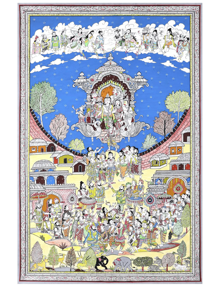 Lord Rama Returning to Ayodhya in Pushpak Viman - Celebration View Pattachitra Painting on Canvas · view 1