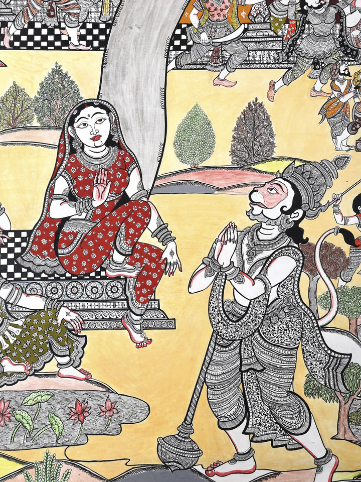Lord Hanuman Meets Devi Maa Sita in Ashok Vatika Pattachitra Painting on Canvas · view 2