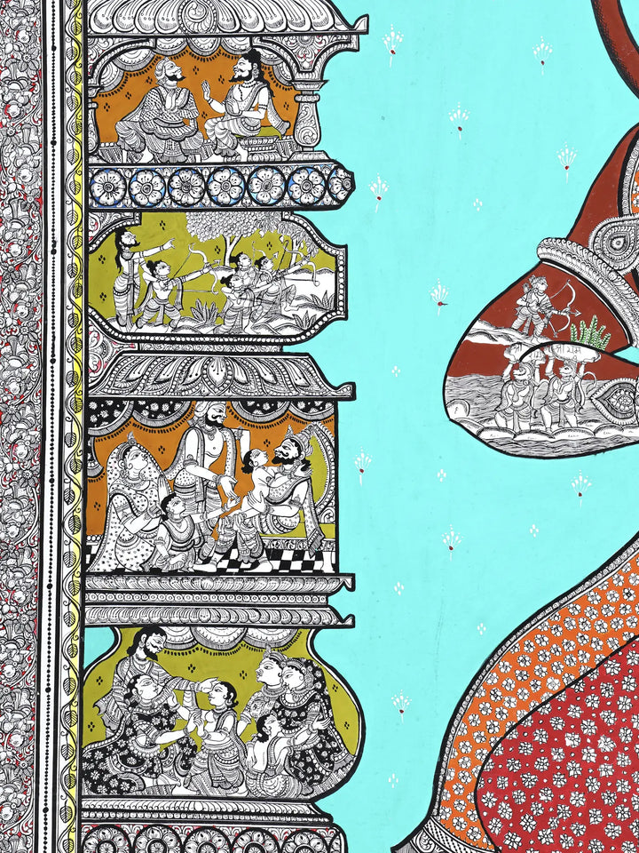 Standing Lord Hanuman with Episodes of Ramayana Pattachitra Painting on Canvas · view 4