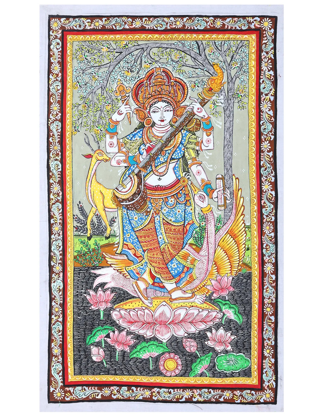 Goddess Saraswati Standing on Lotus and Playing Veena | Pattachitra Painting From Odisha