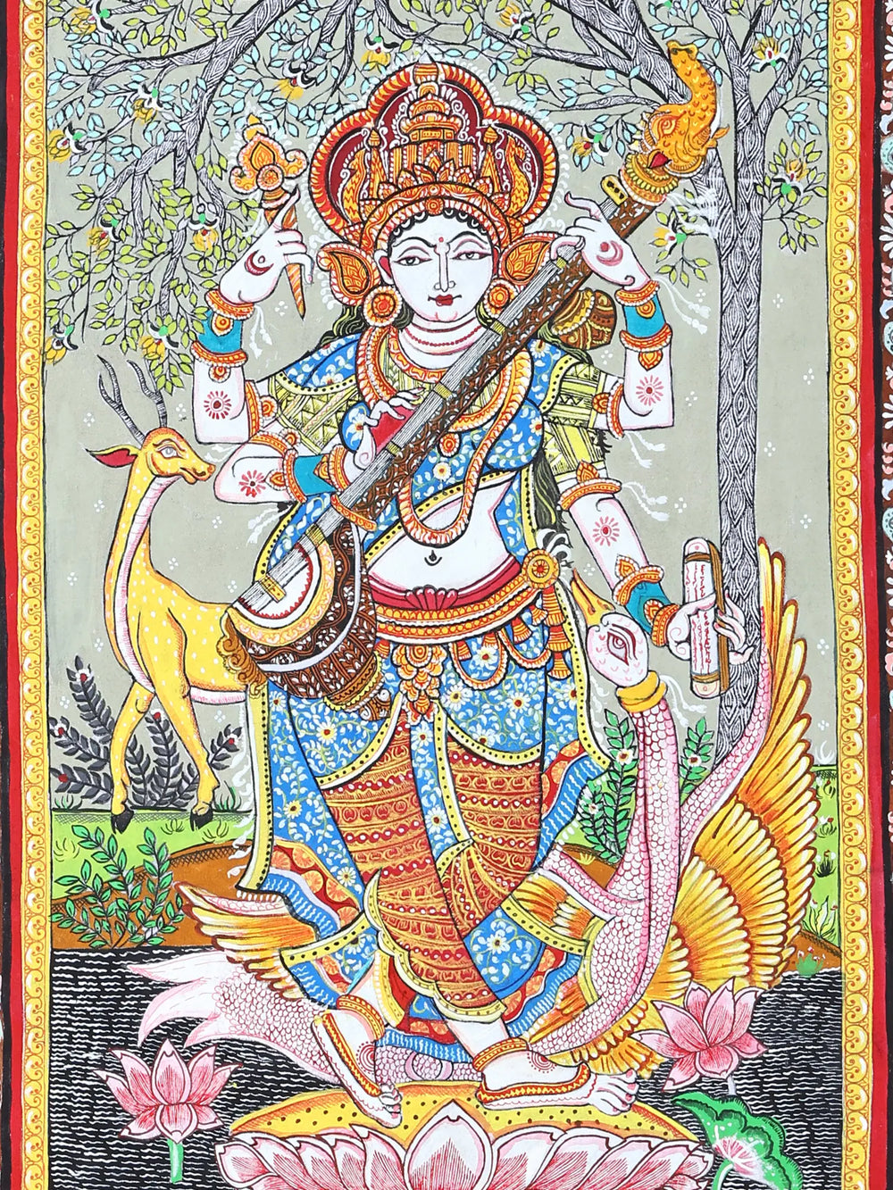 Goddess Saraswati Standing on Lotus and Playing Veena | Pattachitra Painting From Odisha