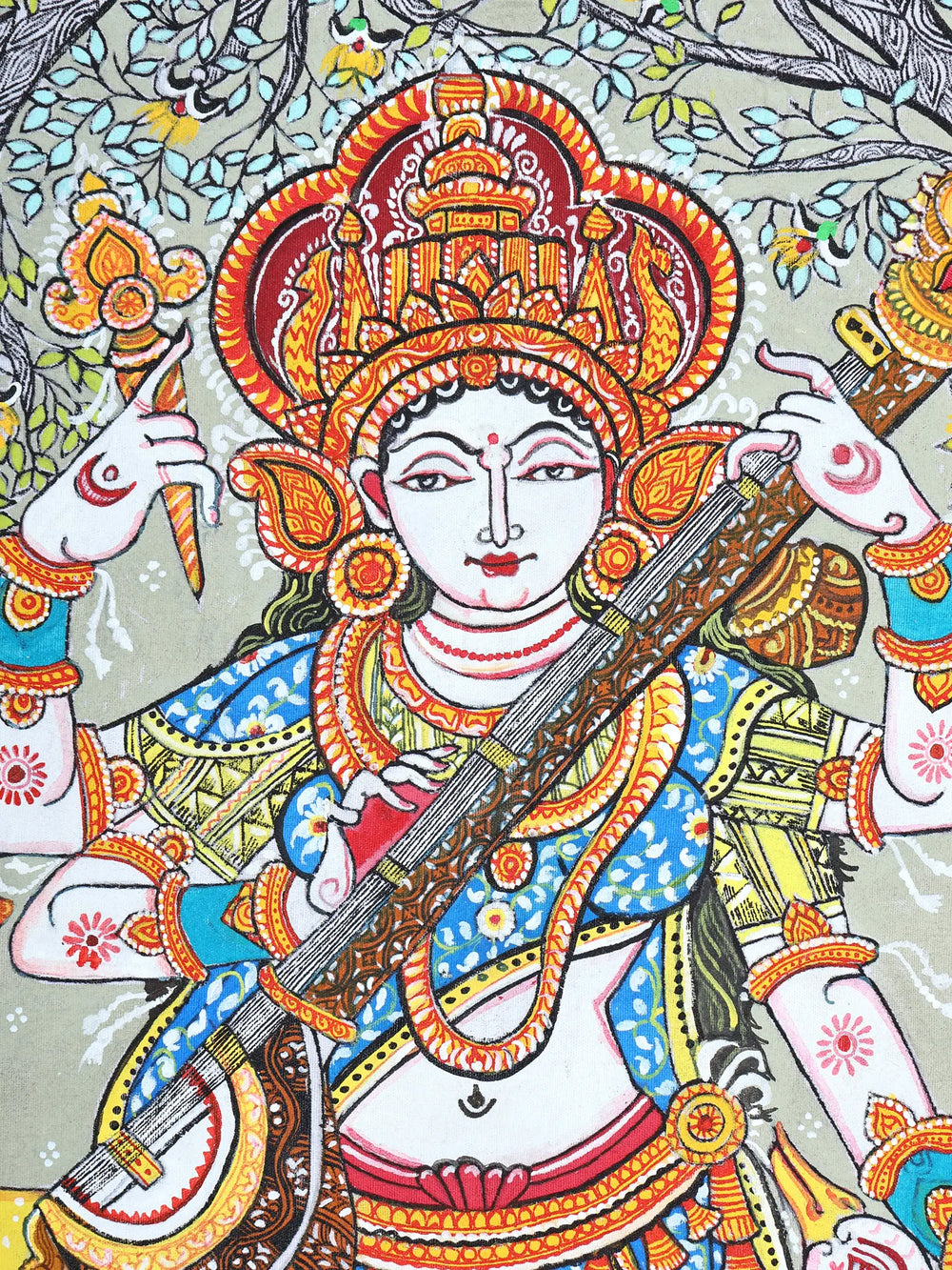 Goddess Saraswati Standing on Lotus and Playing Veena | Pattachitra Painting From Odisha