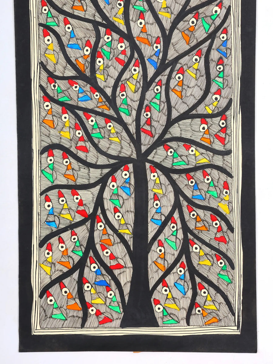 Tree of Life with Full of Birds Madhubani Painting on Handmade Paper