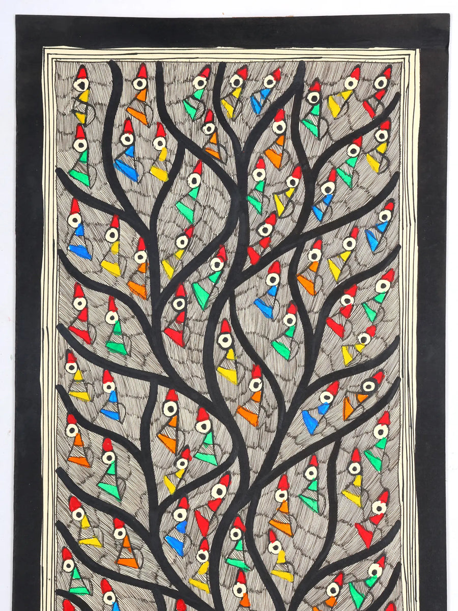 Tree of Life with Full of Birds Madhubani Painting on Handmade Paper