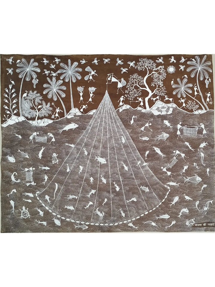 Fishing Net and Fisherman Warli Painting on Cloth · view 1