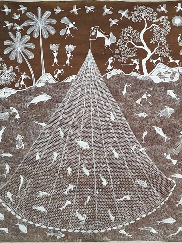 Fishing Net and Fisherman Warli Painting on Cloth · view 2