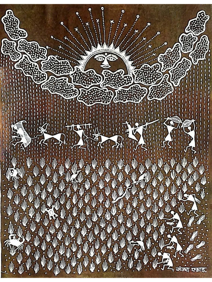 Rice Farming and Farmers Warli Painting on Cloth · view 1