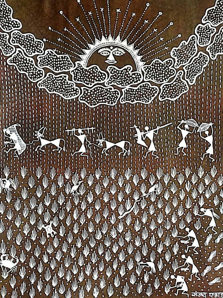 Rice Farming and Farmers Warli Painting on Cloth · view 2