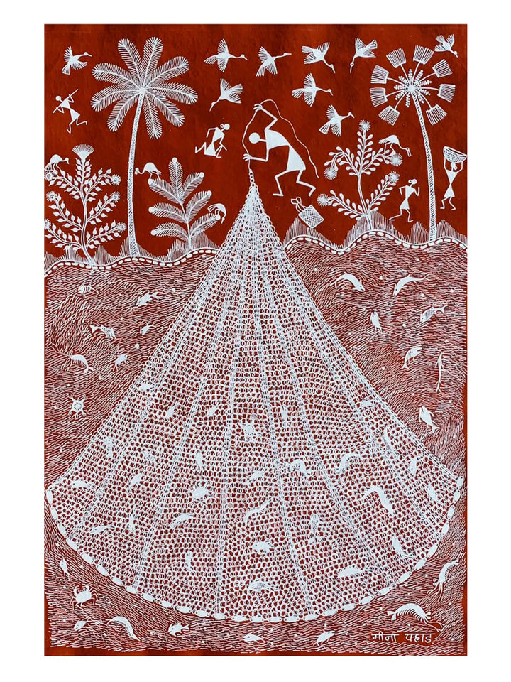 Fishing Net Warli Painting on Cloth · view 1