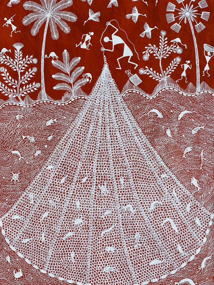 Fishing Net Warli Painting on Cloth · view 2