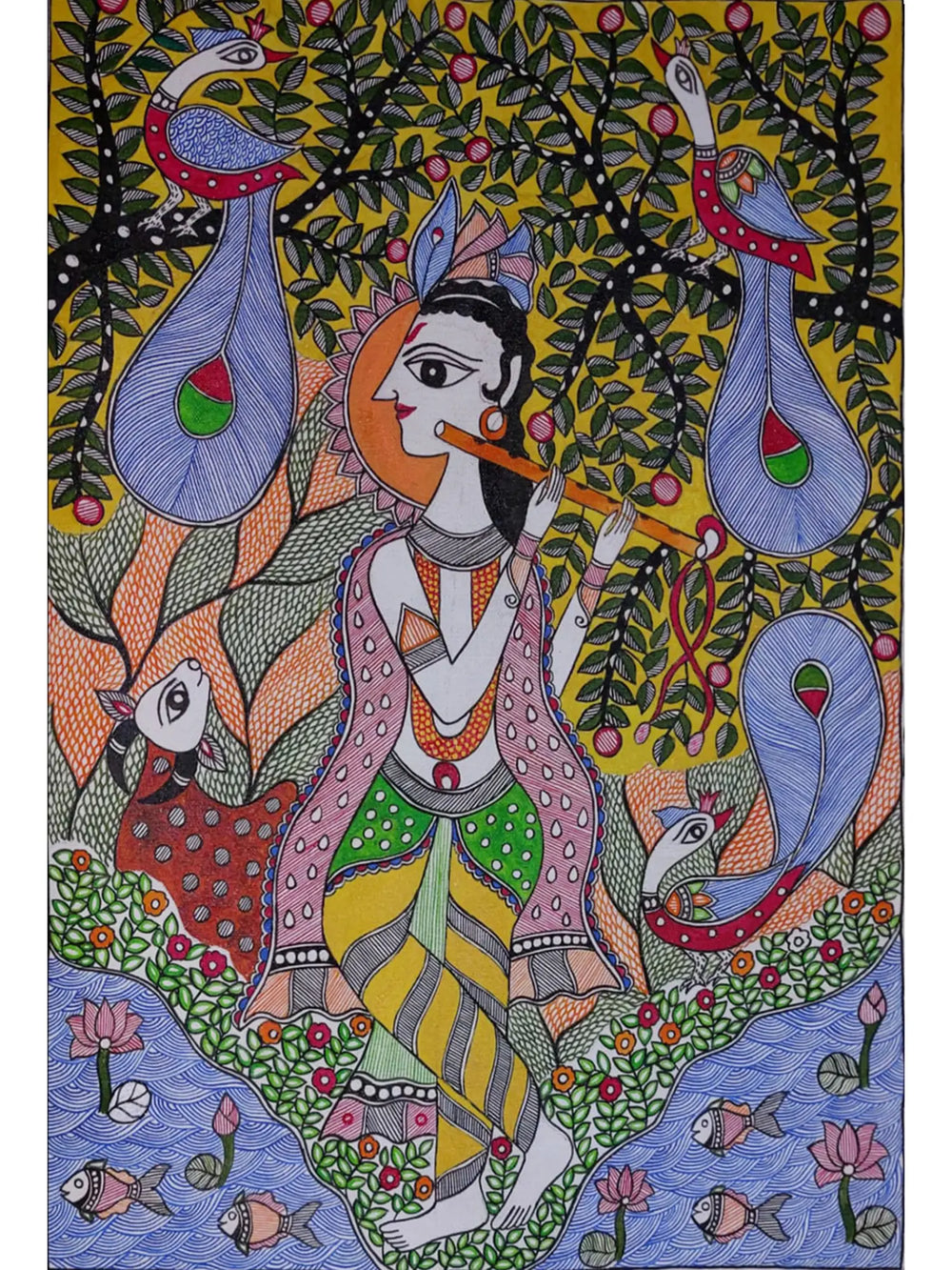 Krishna’s Melody In The Forest Madhubani Painting | Acrylic On Canvas | By Lalita Ray