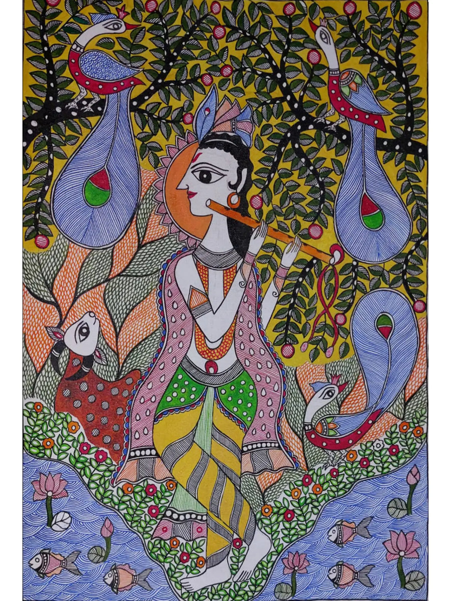 Krishna’s Melody in the Forest Madhubani Painting on Canvas