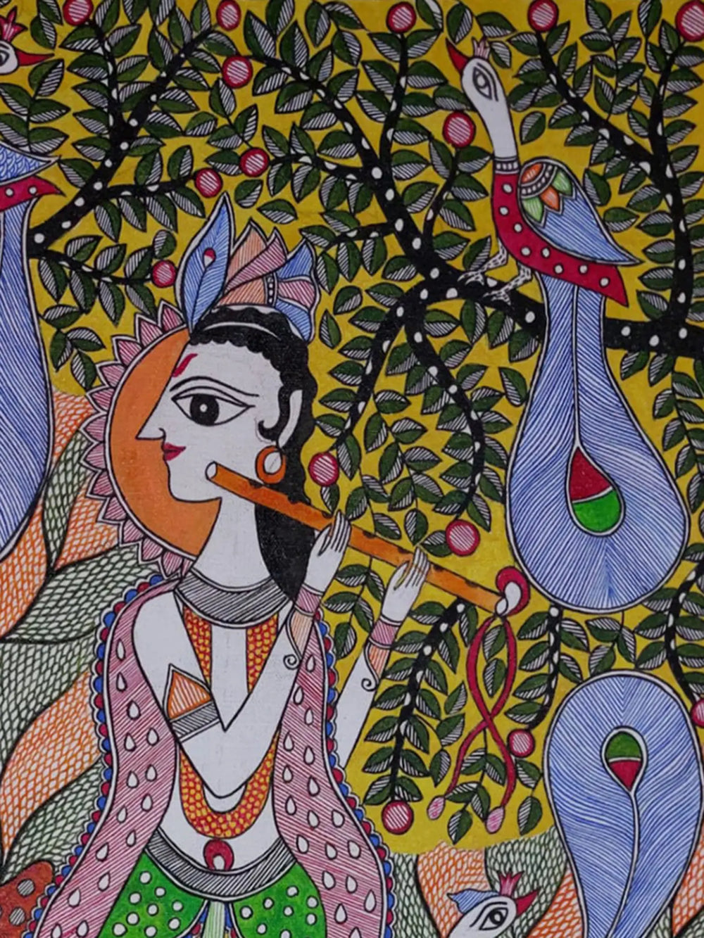Krishna’s Melody In The Forest Madhubani Painting | Acrylic On Canvas | By Lalita Ray