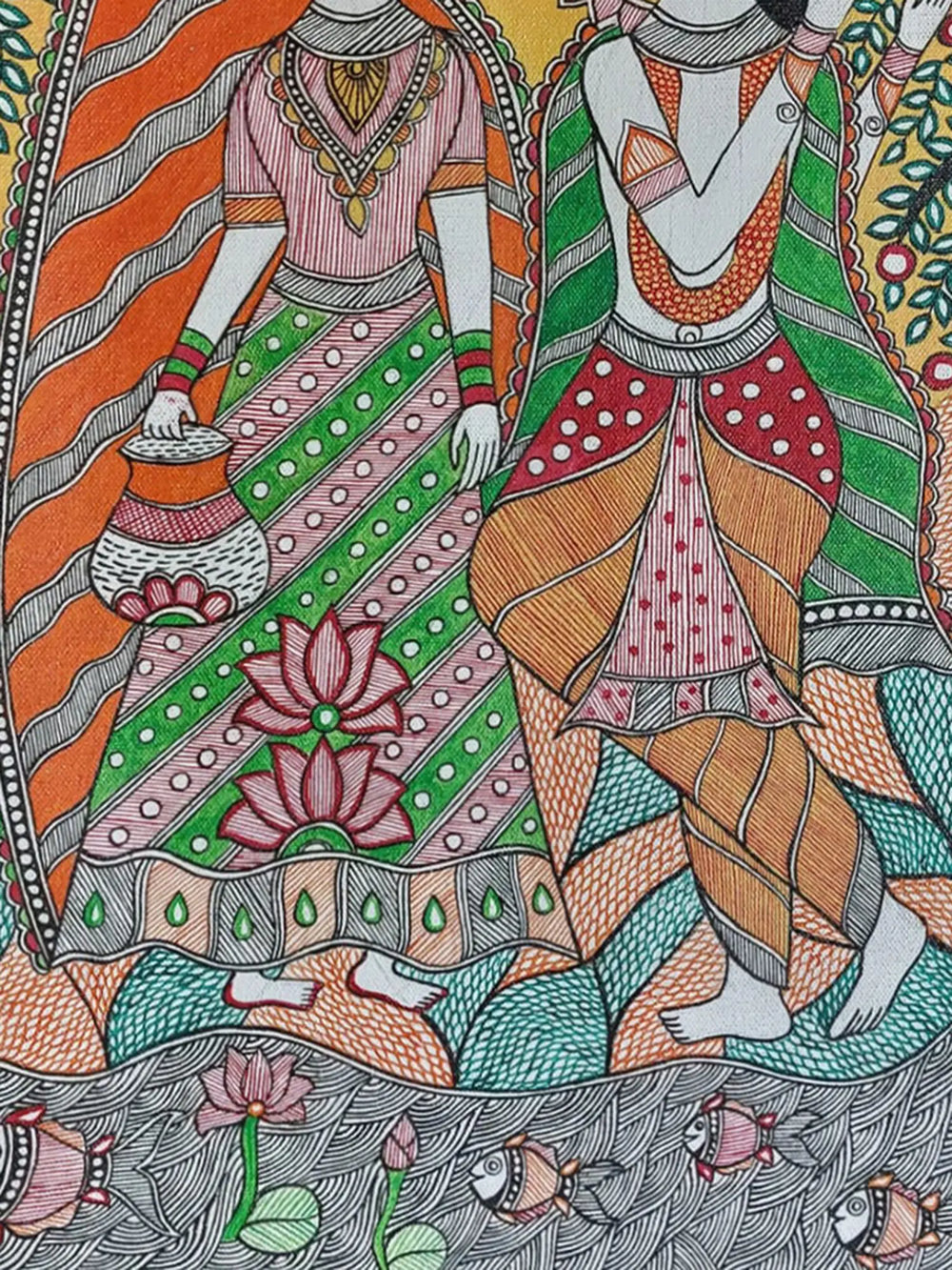 Radha Krishna With Cow Madhubani Painting | Acrylic On Canvas | By Lalita Ray