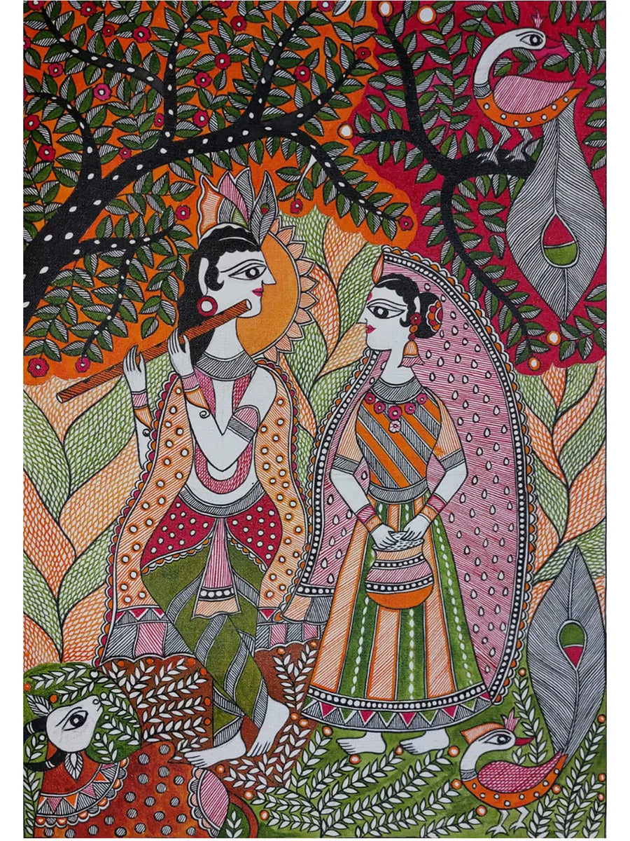 Lord Krishna with Radha Madhubani Painting on Canvas