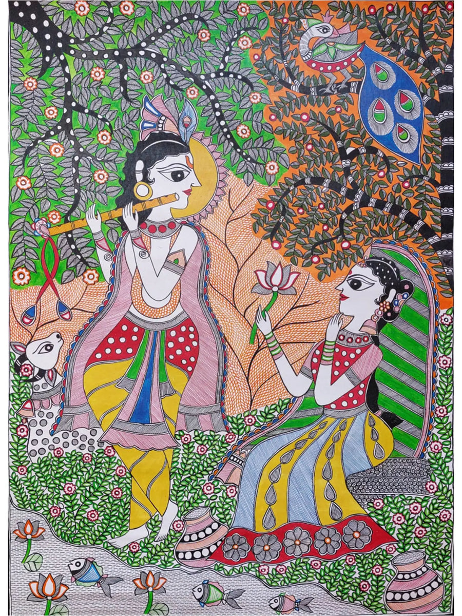 Krishna Playing Flute with Radha Madhubani Painting on Canvas