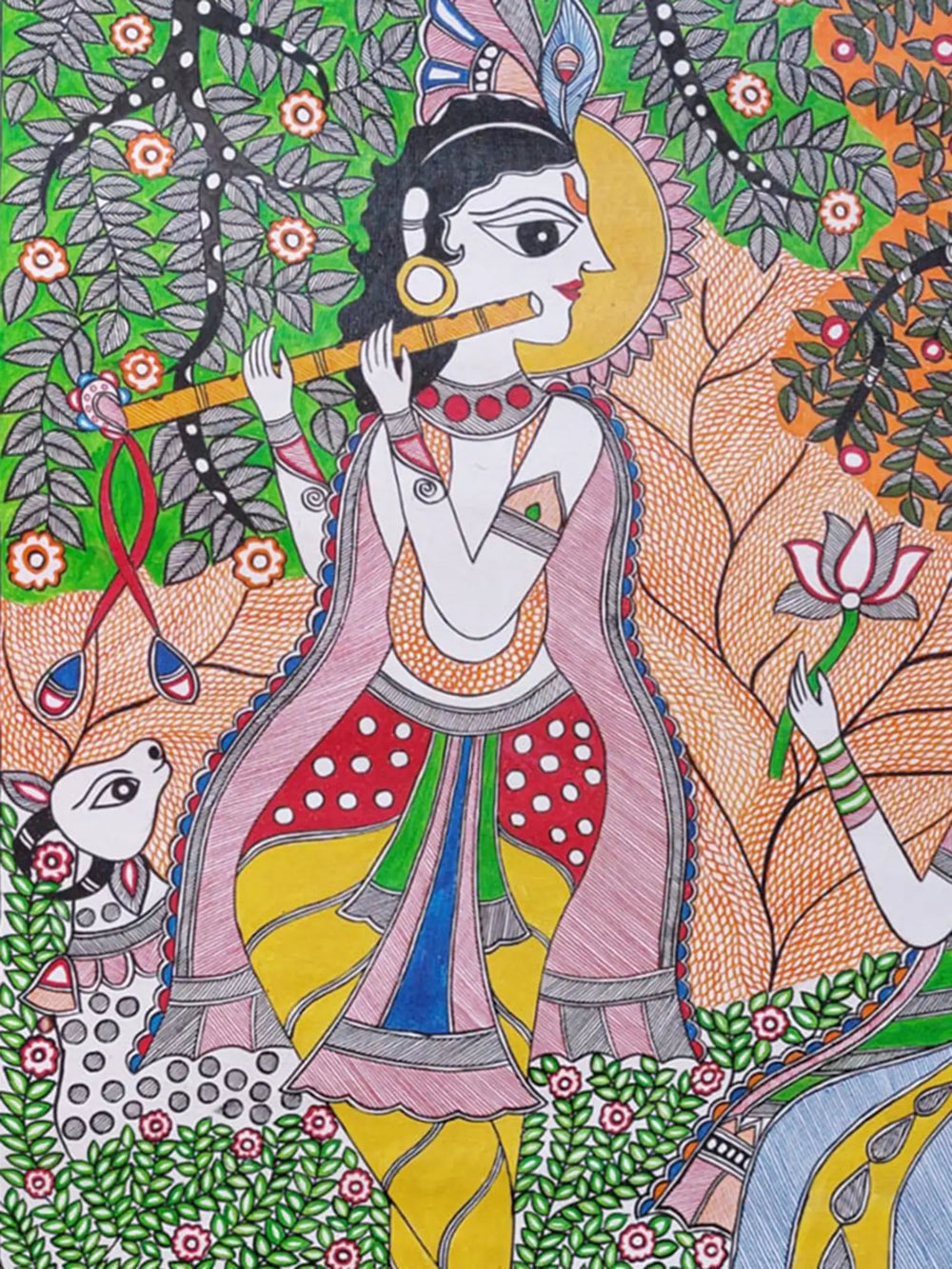 Krishna Playing Flute With Radha Madhubani Painting | Acrylic On Canvas | By Lalita Ray
