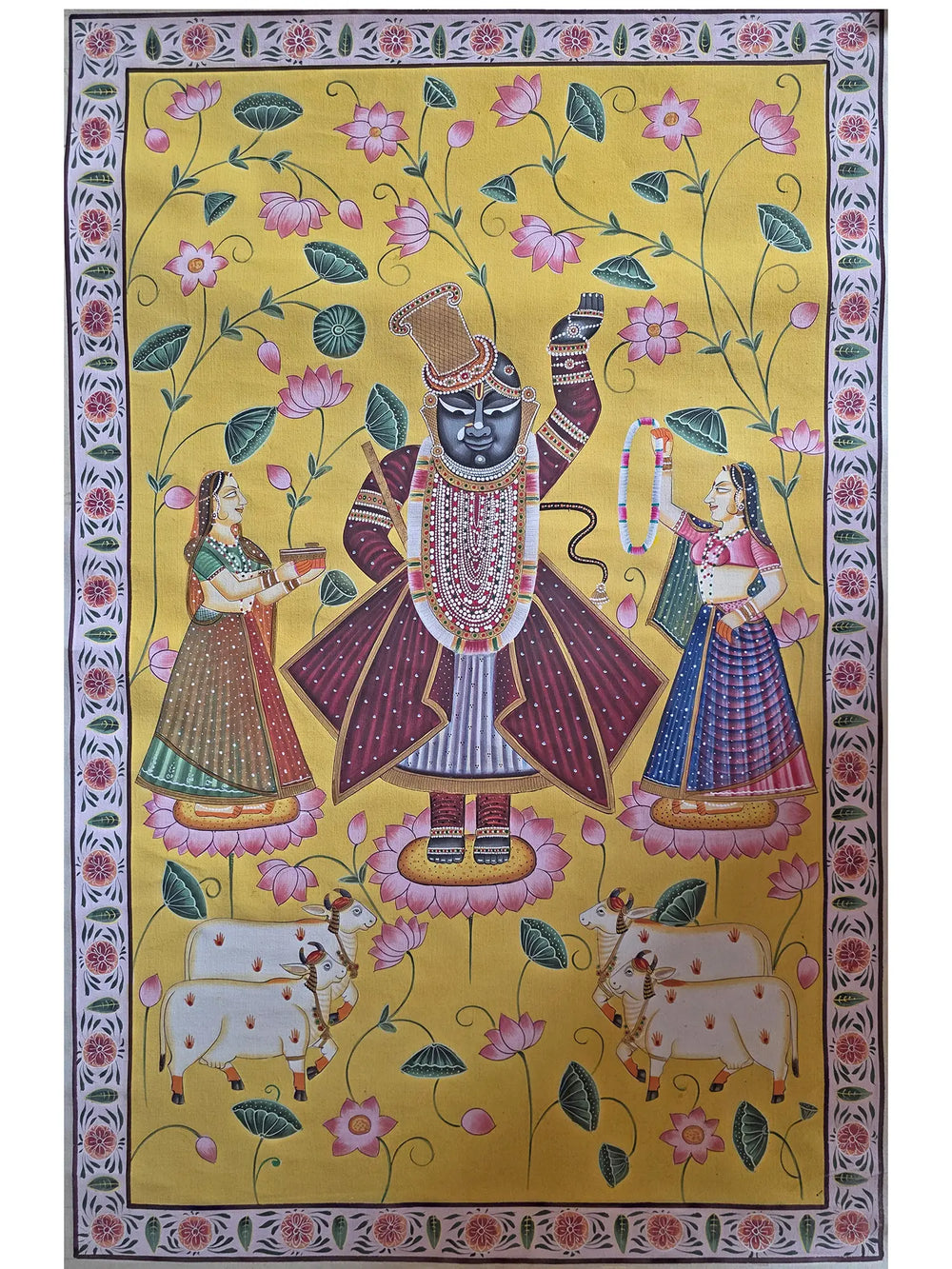 Shrinathji With Gopis And Cow | Watercolor On Cotton | Pichwai Art