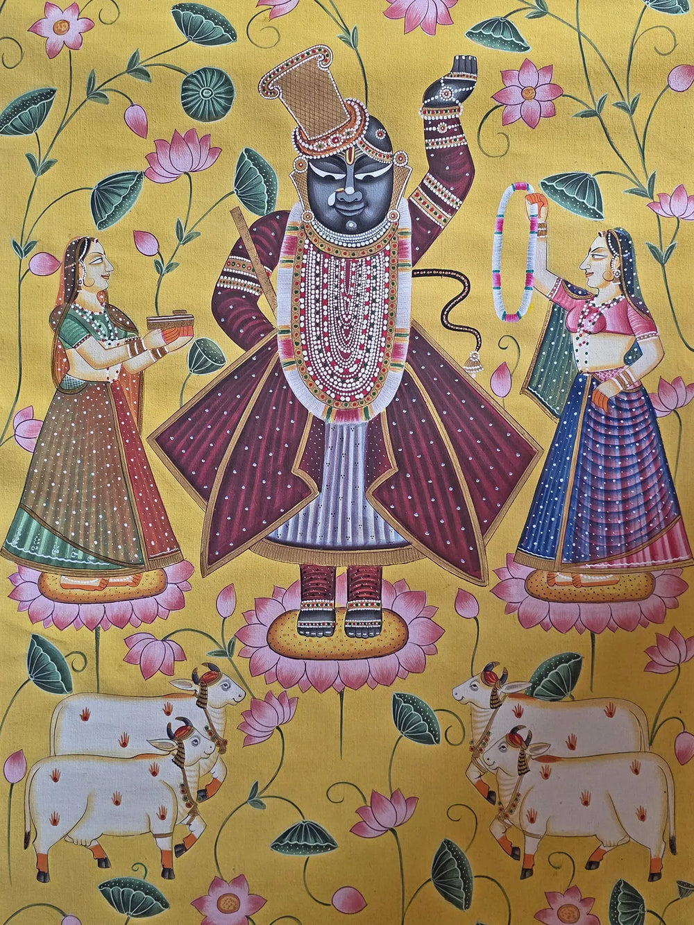 Shrinathji With Gopis And Cow | Watercolor On Cotton | Pichwai Art
