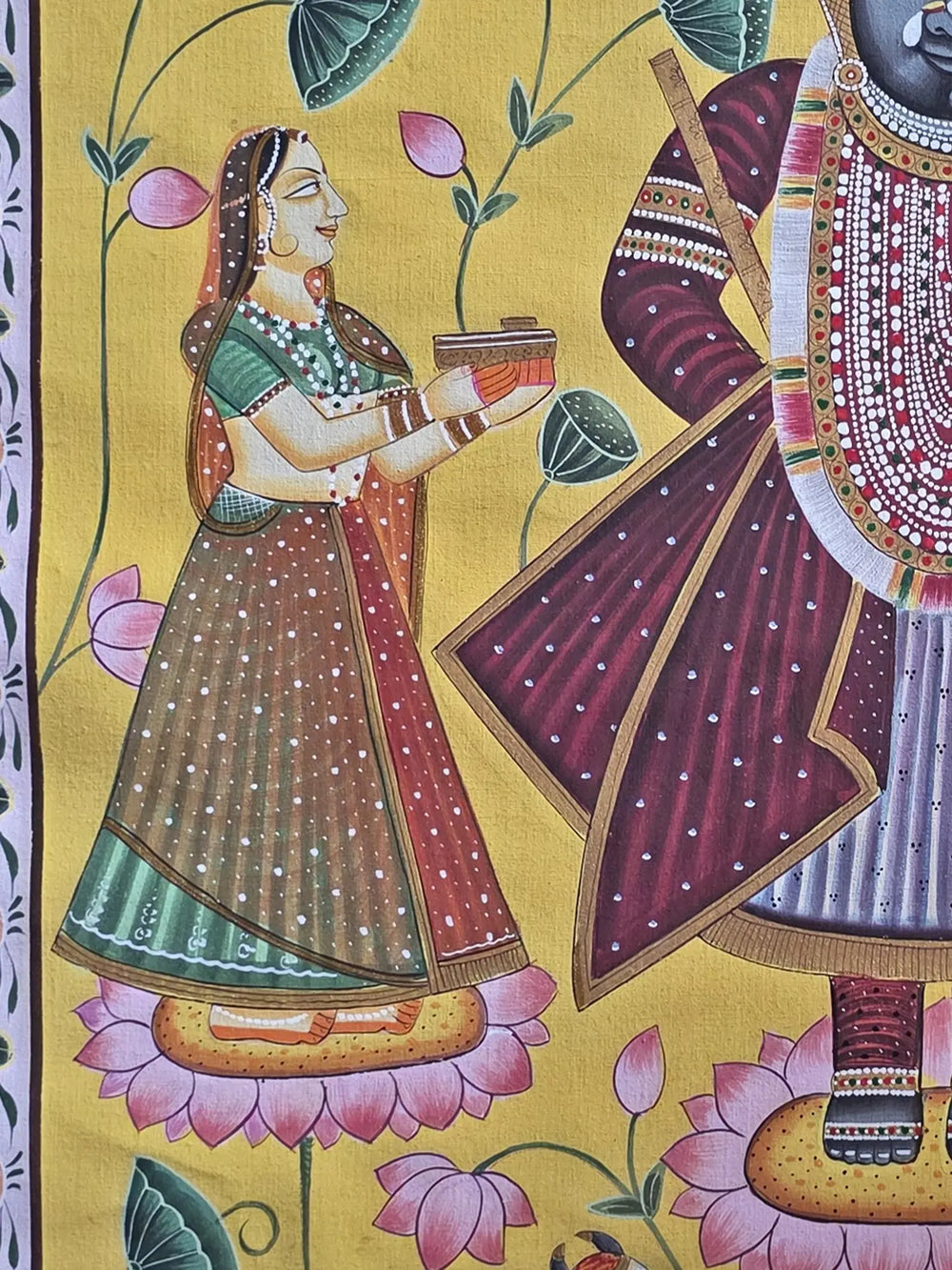 Shrinathji With Gopis And Cow | Watercolor On Cotton | Pichwai Art