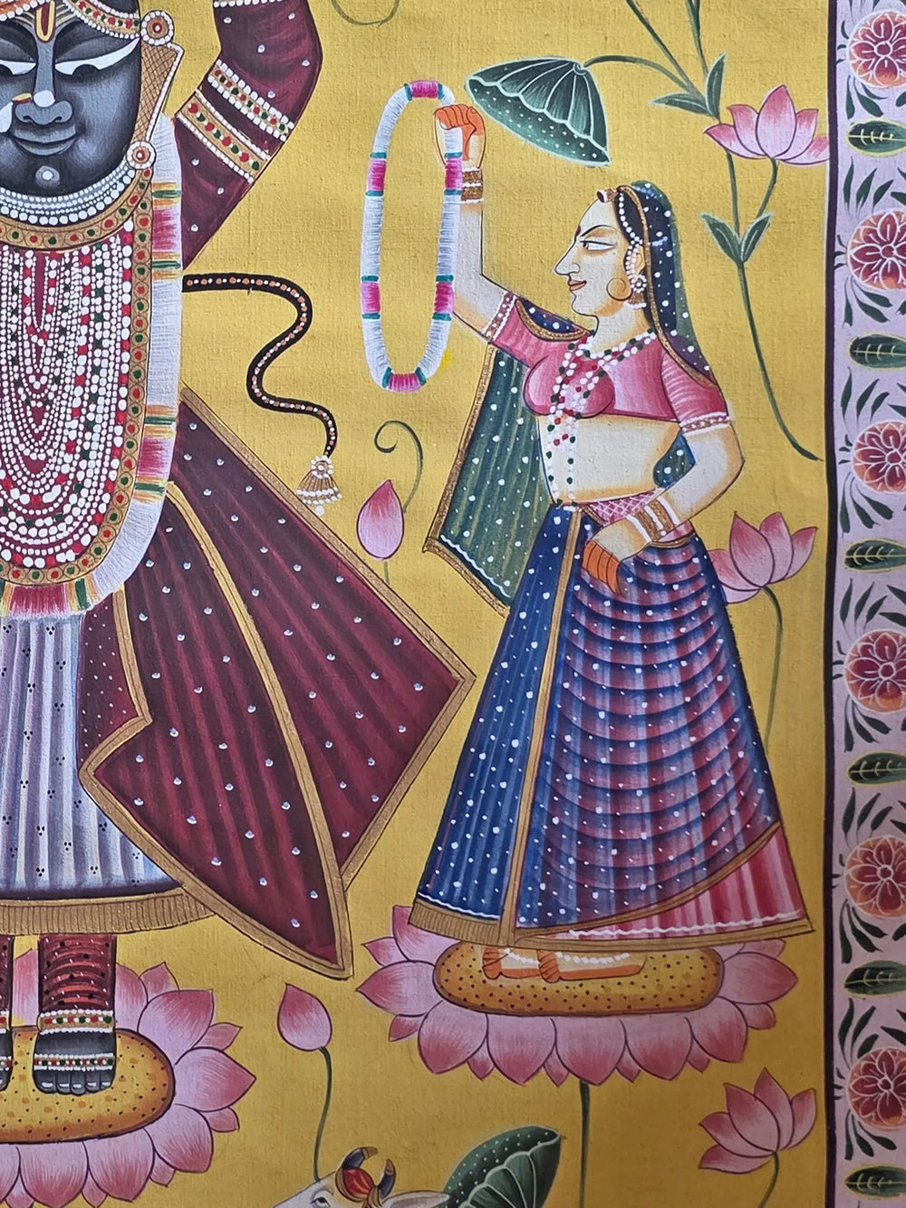 Shrinathji With Gopis And Cow | Watercolor On Cotton | Pichwai Art