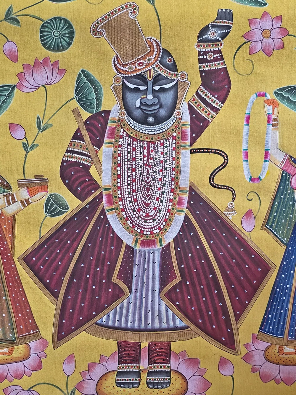 Shrinathji With Gopis And Cow | Watercolor On Cotton | Pichwai Art
