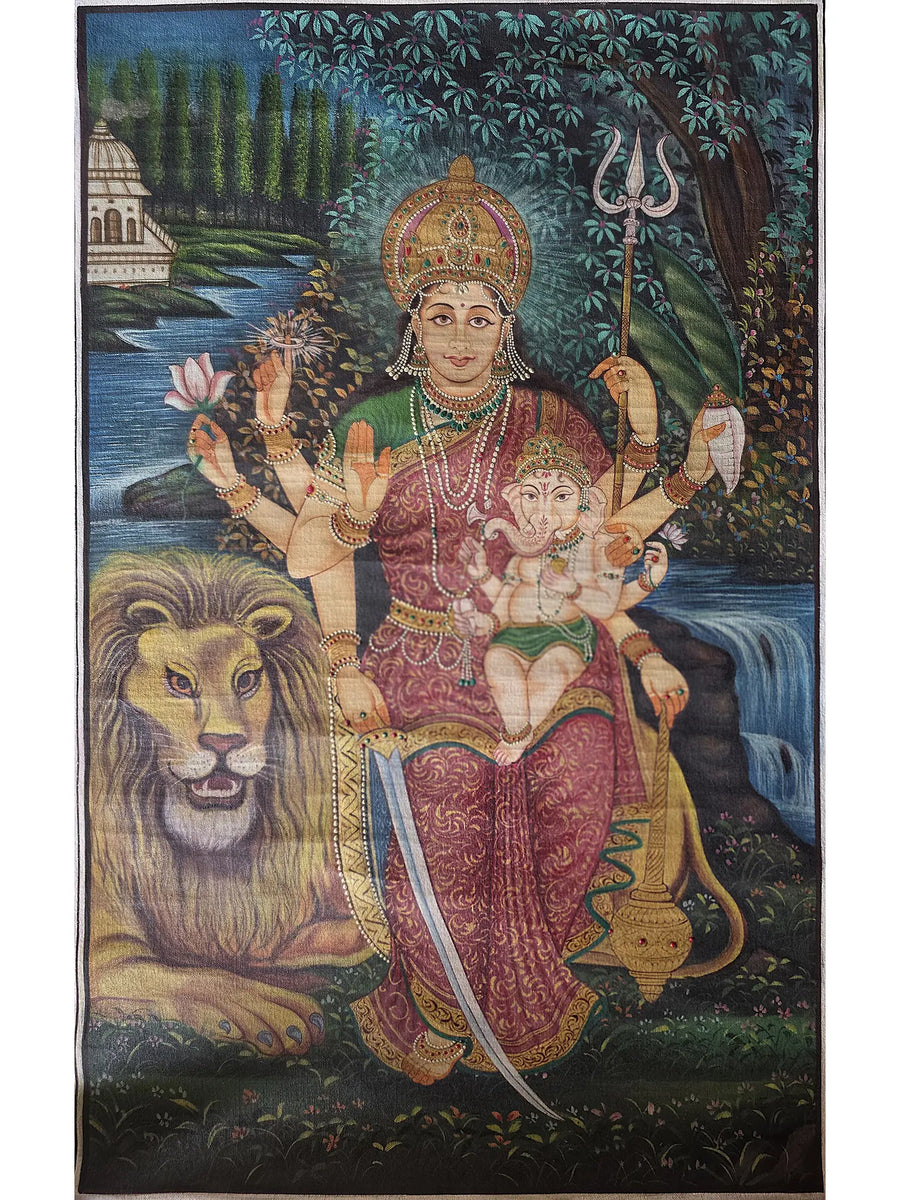 Goddess Parvati with Baby Ganesha Pichwai Painting on Cotton
