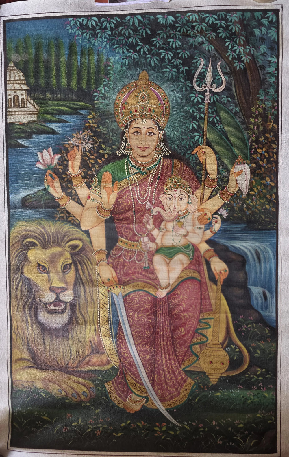 Goddess Parvati With Baby Ganesha | Pichwai Art | Watercolor On Cotton