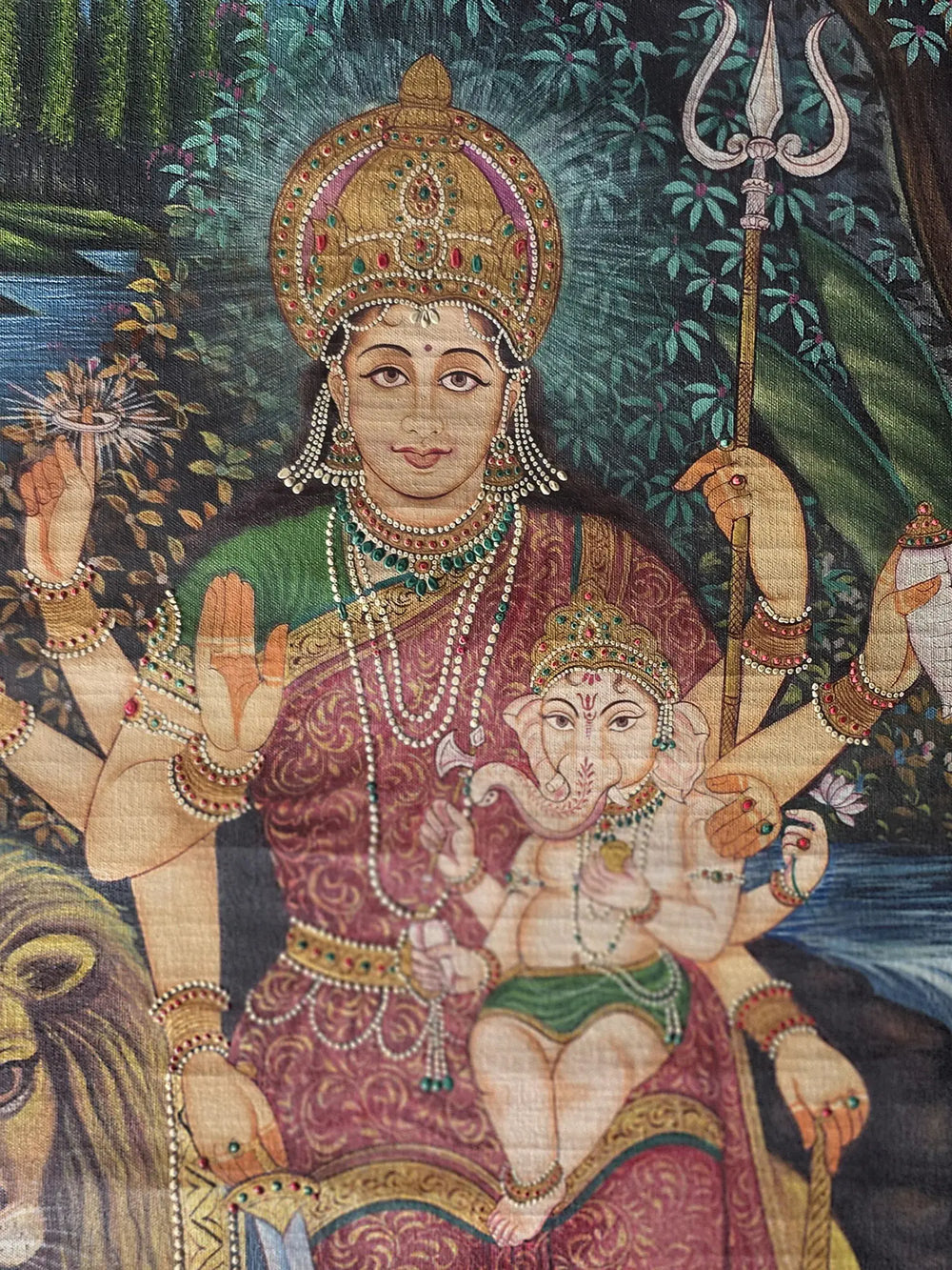 Goddess Parvati With Baby Ganesha | Pichwai Art | Watercolor On Cotton