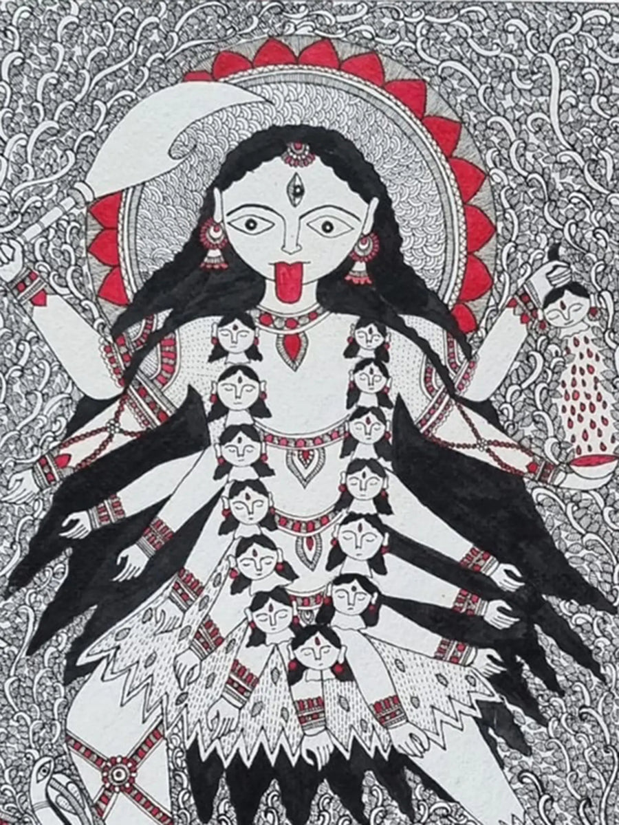 Goddess Mahakali Standing on Shiva Painting on Handmade Paper