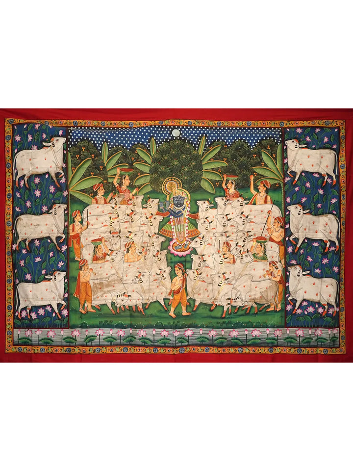 Lord Shrinathji with Cows Pichwai Painting on Cotton by Narendra · view 1