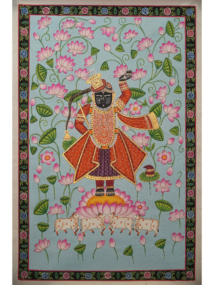 Lord Shrinathji Standing on a Lotus with Cows Pichwai Painting on Cotton by Narendra · view 1