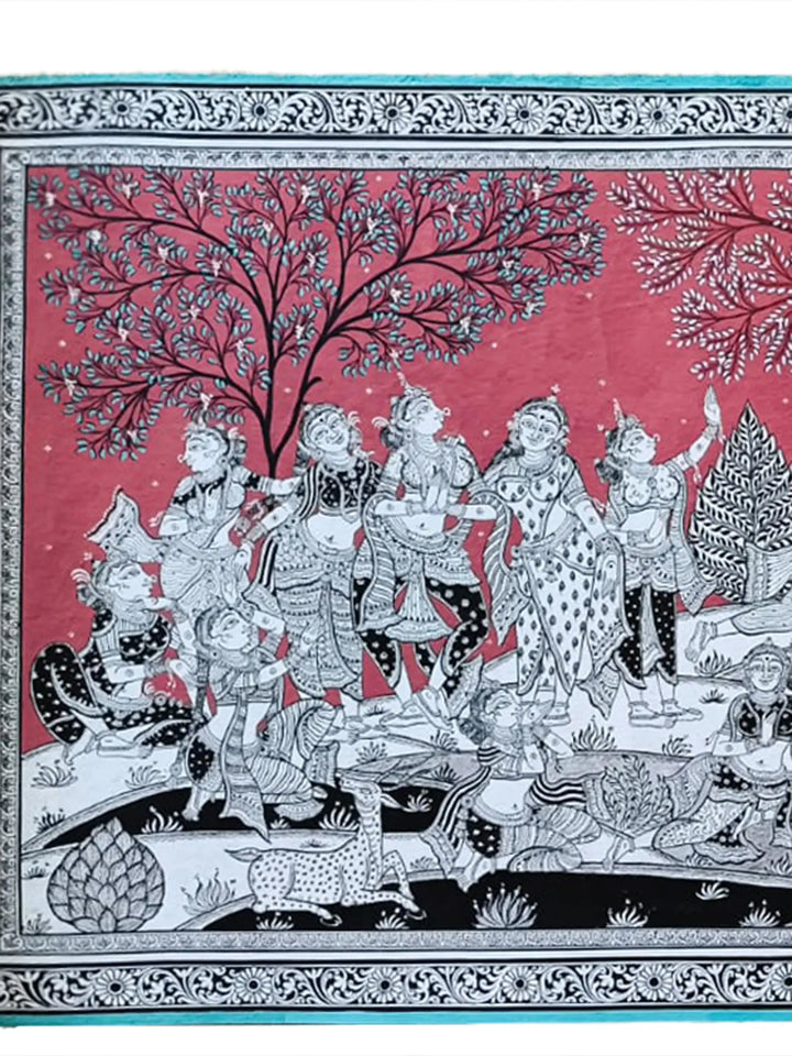 Lord Krishna with Radha and Gopis Pattachitra Painting on Canvas by Akankshya Panda · view 2