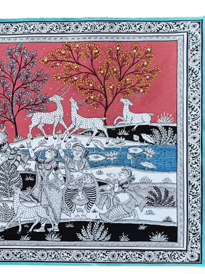 Lord Krishna with Radha and Gopis Pattachitra Painting on Canvas by Akankshya Panda · view 4