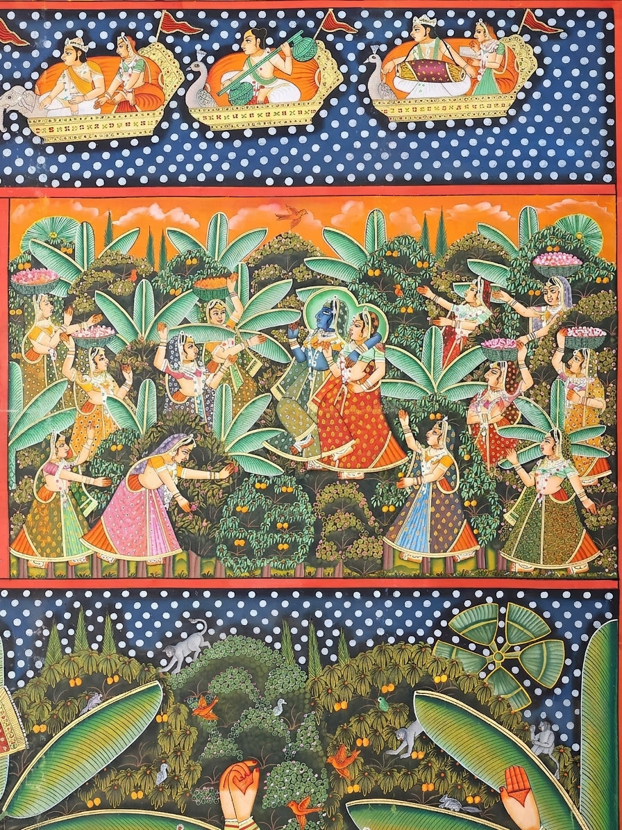 Divine Shrinathji with Gopis | Large Hand-Painted Nathdwara Pichwai