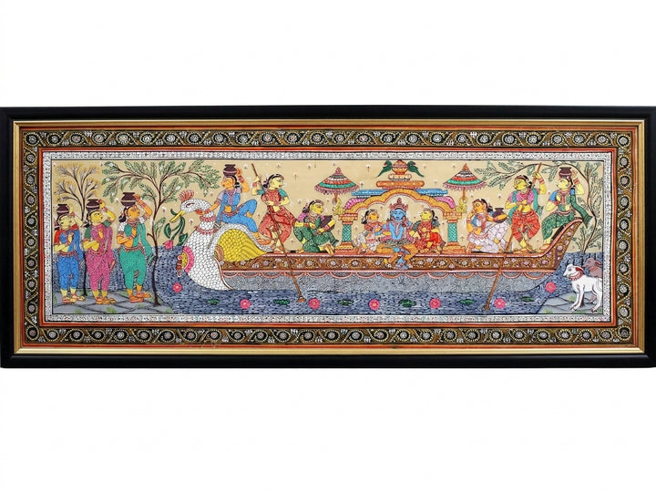 Lord Krishna with Rukmini and Satyabhama on Boat Pattachitra Painting on Cloth by Rabi Behera · view 1