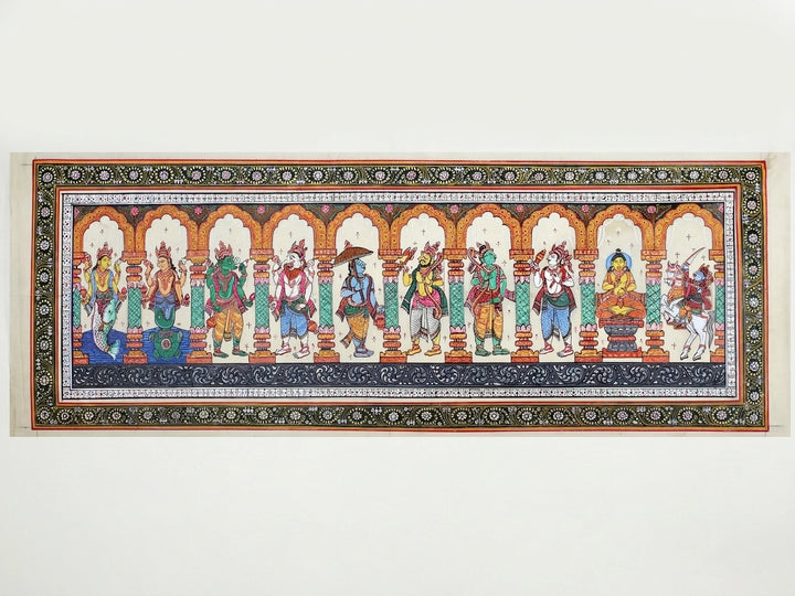 Ten Incarnations of Lord Vishnu (Dashavatara) Pattachitra Painting on Cloth by Rabi Behera · view 1