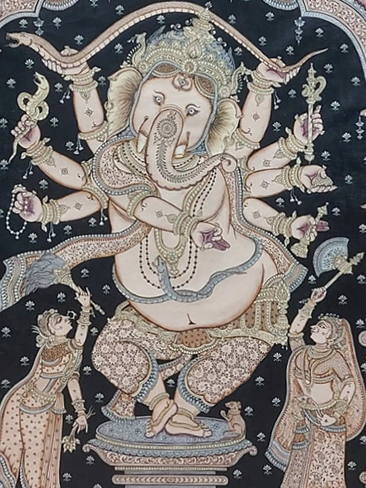 Four-Handed Dancing Ganesha Served Pattachitra Painting by Consorts Riddhi Siddhi · view 2