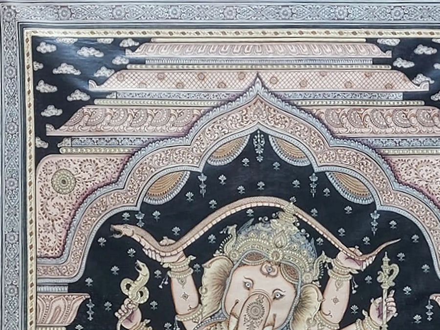 Four-Handed Dancing Ganesha Served Pattachitra Painting by Consorts Riddhi Siddhi