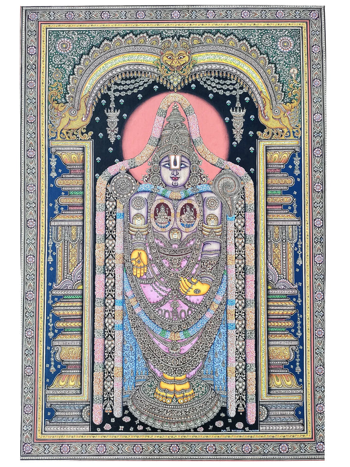 Standing Lord Balaji (Venkateswara) with Lakshmi and Saraswati Pattachitra Painting on Tussar Silk · view 1