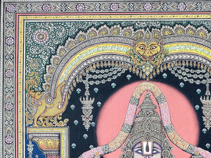 Standing Lord Balaji (Venkateswara) with Lakshmi and Saraswati Pattachitra Painting on Tussar Silk · view 3