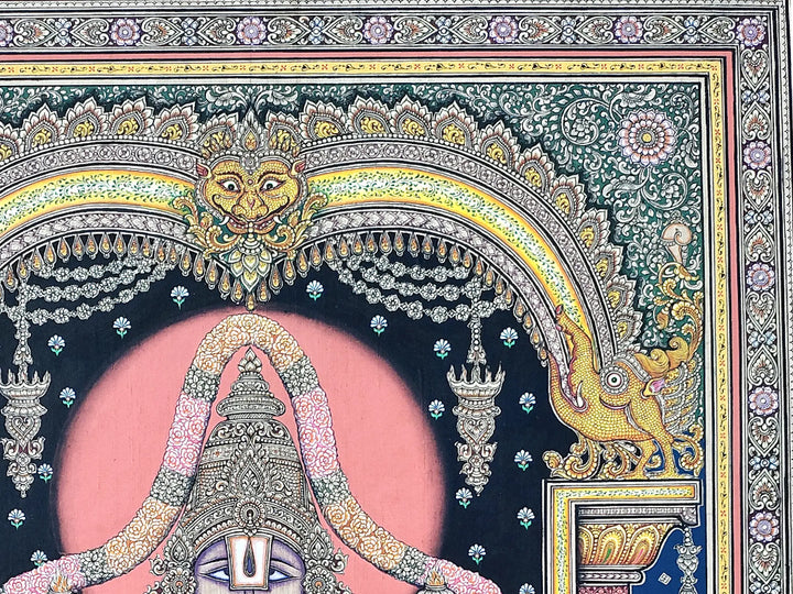 Standing Lord Balaji (Venkateswara) with Lakshmi and Saraswati Pattachitra Painting on Tussar Silk · view 4