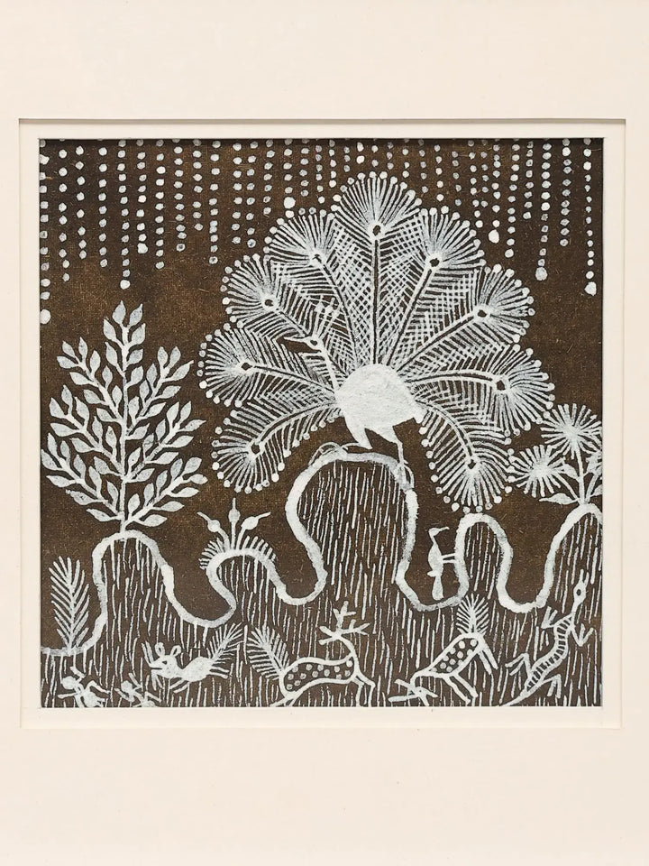 Peacock Dancing in the Rain Warli Painting on Cloth · view 3