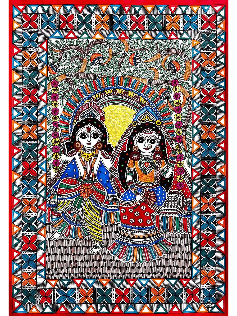 Divine Radha and Krishna on Swing | Madhubani Painting on Paper | By Ruchi Gupta