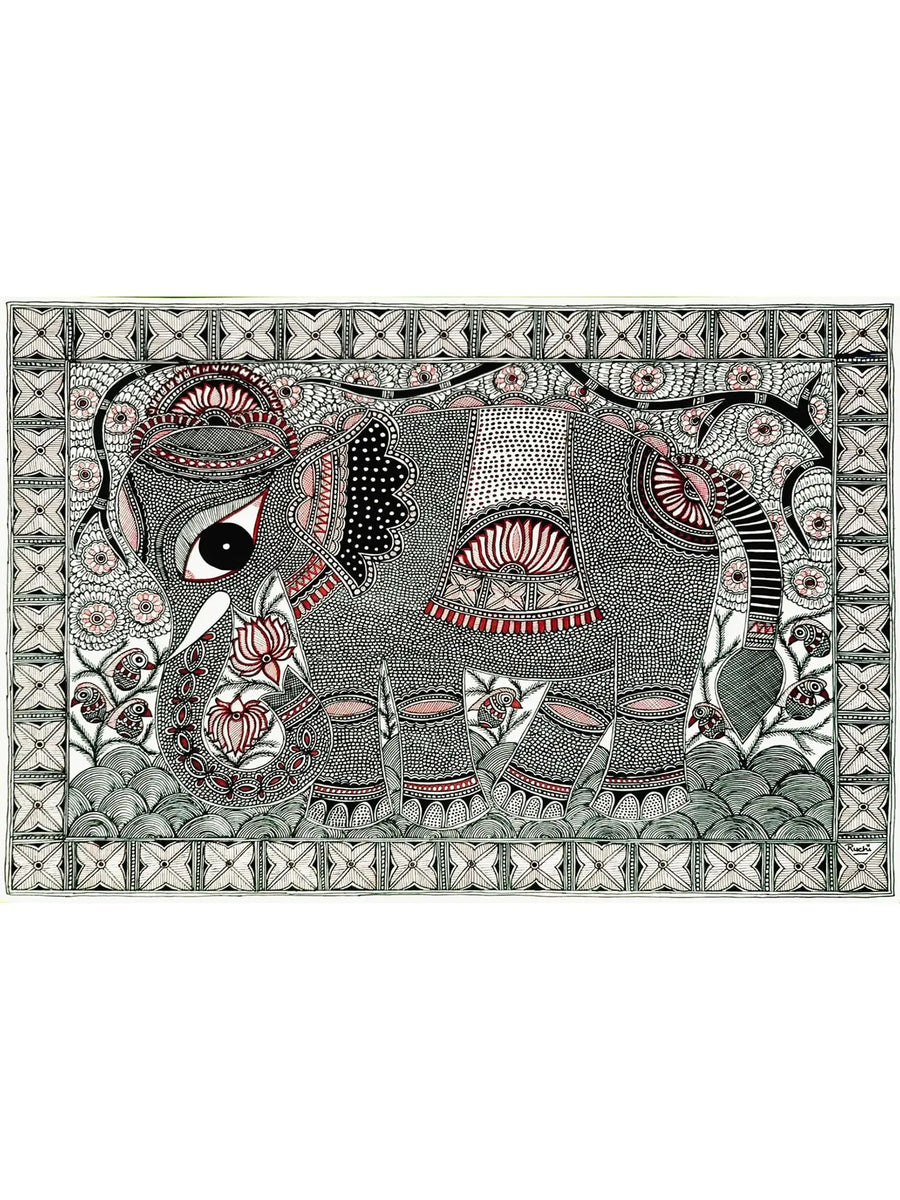 Majestic Elephant (Gaja) Holding a Lotus Flower in Its Trunk Madhubani Painting on Paper